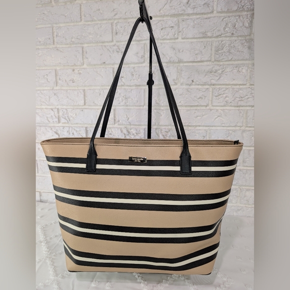 Kate Spade Shore Street Margareta Ottoman Stripe Tote Bag Purse Tan & Black Dust - Picture 1 of 16
